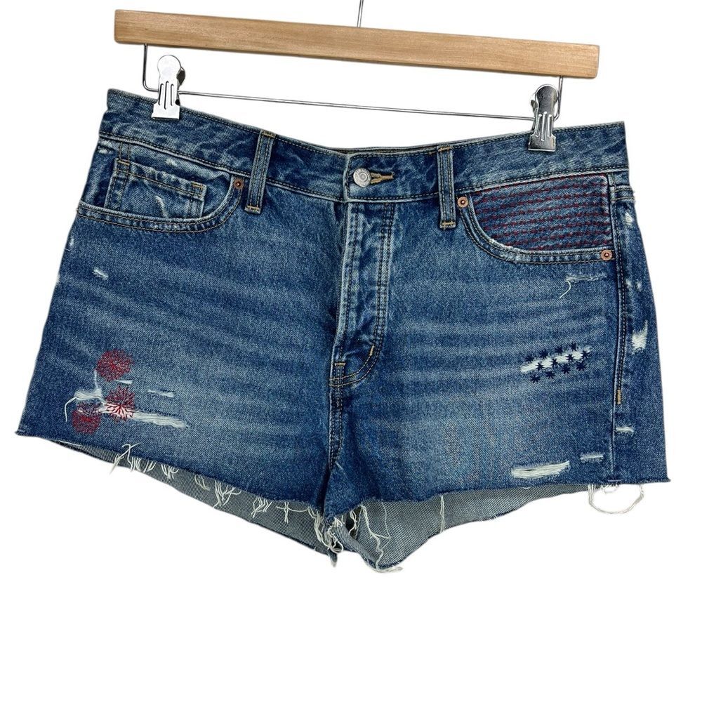Old Navy OG High Rise Denim Red Blue Embroidered Shorts Womens 12